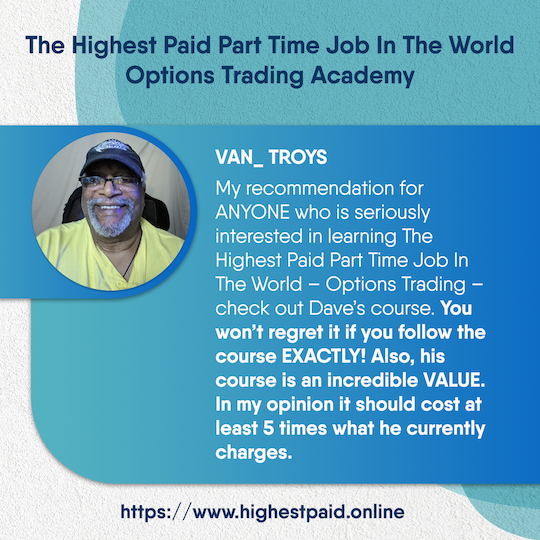 Customer testimonial graphic #1 - Success story from Diamond Dave's options trading course student showing positive feedback and results
